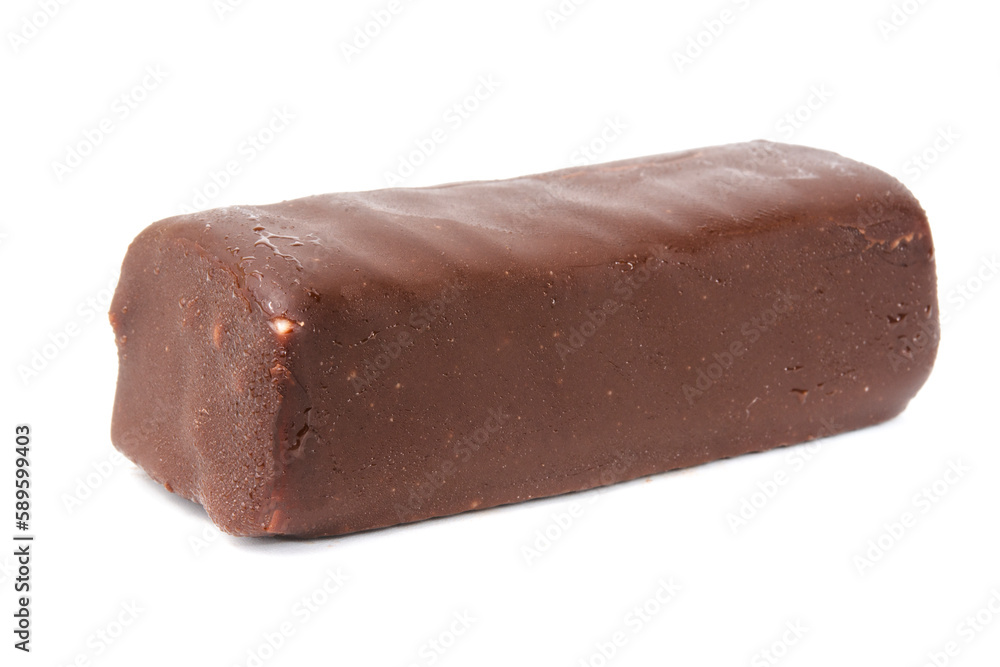 Glazed cheese in milk chocolate broken into halves on a white isolated background Glazed cheese in milk chocolate broken into halves on a white isolated background