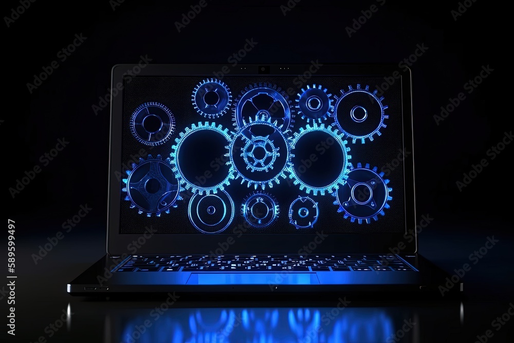 Illustration of gears on laptop screen, blue neon lights, creativity and technology concept. Generative AI Illustration of gears on laptop screen, blue neon lights, creativity and technology concept. Generative AI