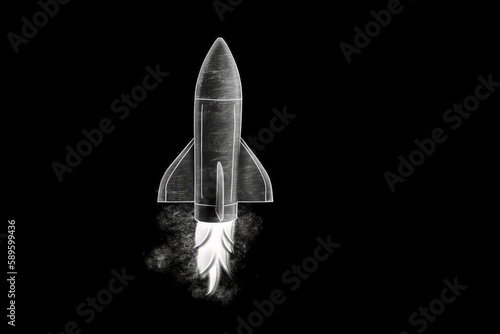 Rocket illustration drawn with white chalk on blackboard, learning and startup concept. Generative AI