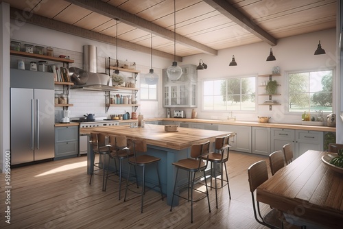 Modern kitchen interior   Modern new light interior of kitchen with white furniture and dining table with wooden floor   Scandinavian classic kitchen with wooden and white details, Generative AI © Azar