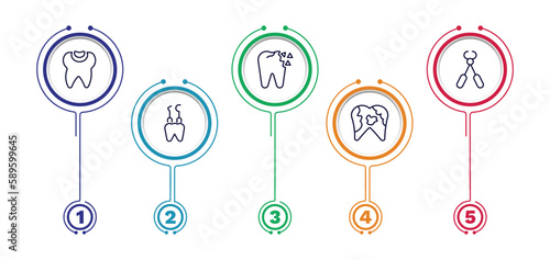 set of dental health thin line icons. dental health outline icons with infographic template. linear icons such as dental filling, holed tooth, tooth pliers, hook, plaque vector.