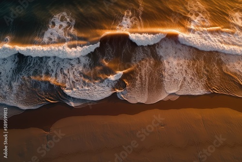 Raw Energy: Aerial View of Beach Waves at Sunset 2. Generative AI