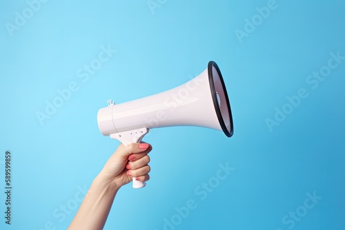 Illustration of hand holding megaphone, marketing and sales concept, blue background. Generative AI