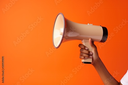 Illustration of hand holding megaphone, marketing and sales concept, orange background. Generative AI