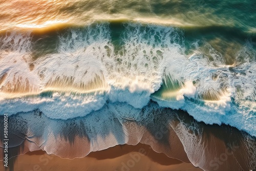 Raw Energy: Aerial View of Beach Waves at Sunset 1. Generative AI
