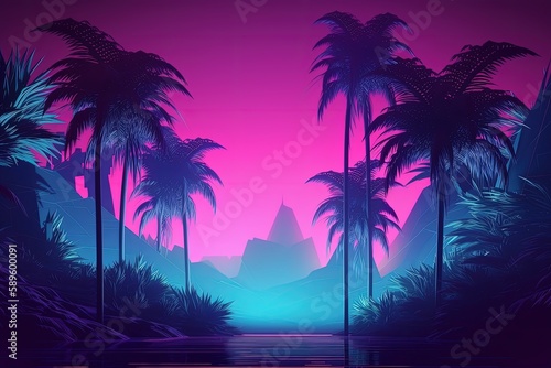 Jungle illustration, game scene, retro style, 80s, vaporwave, neon light. Generative AI