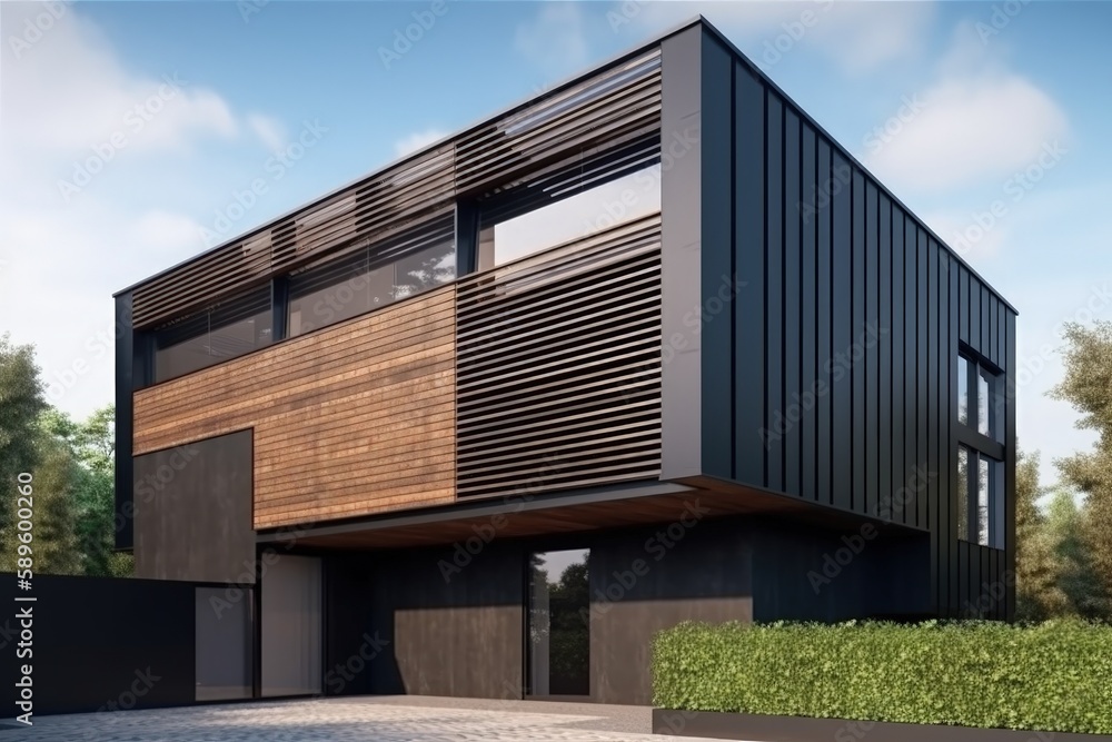 Landscape with modern house in nature, wood trim, architecture concept