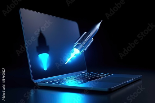 Rocket and laptop illustration, blue neon light, black background. Generative AI
