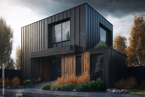 Landscape with modern house in nature, wood trim, architecture concept. Generative AI © Deivison