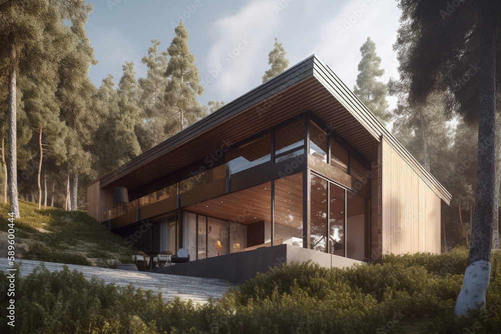 Landscape with modern house in nature, wood trim, architecture concept. Generative AI Landscape with modern house in nature, wood trim, architecture concept. Generative AI