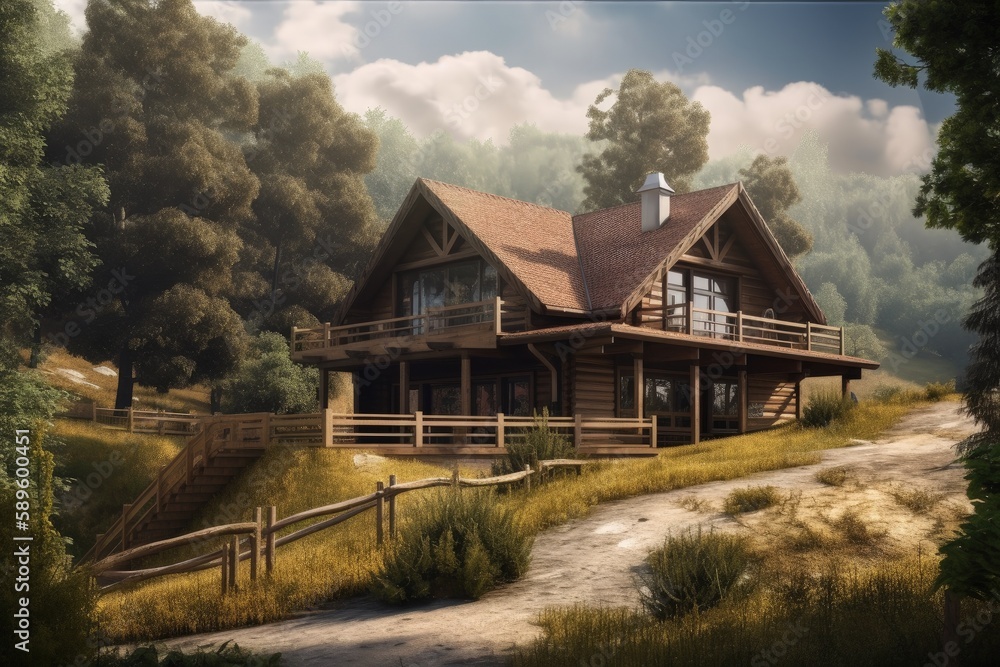 Landscape with modern house in nature, wood trim, architecture concept. Generative AI Landscape with modern house in nature, wood trim, architecture concept. Generative AI