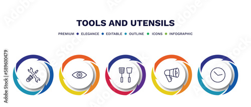 set of tools and utensils thin line icons. tools and utensils outline icons with infographic template. linear icons such as reparation, optical, kitchen tools, megaphone side view, circular clock