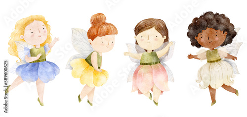 Flower girl watercolor illustration. Cute fairy clip art. Nursery kid illustration. Floral greenery botanical graphic set. Nature leaf princess collection. Spring summer illustration for kids