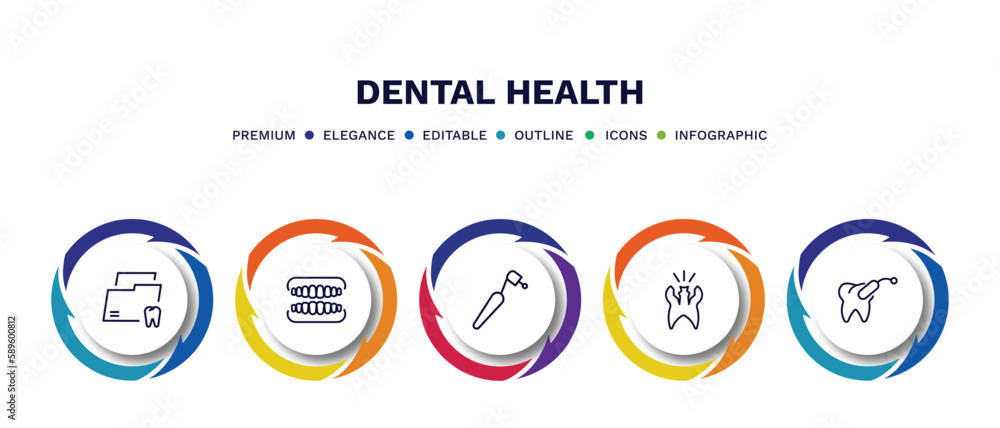 set of dental health thin line icons. dental health outline icons with infographic template. linear icons such as dental folder, dentures, dentists drill tool, cavity, tampon vector. set of dental health thin line icons. dental health outline icons with infographic template. linear icons such as dental folder, dentures, dentists drill tool, cavity, tampon vector.