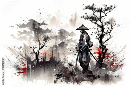 Japanese samurai with katana sword in digital watercolour illustration painting background, Generative Ai