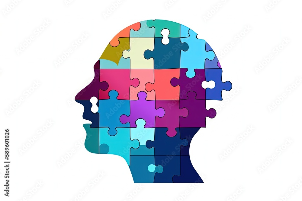 Head silhouette illustration and puzzle pieces, white background. Generative AI Head silhouette illustration and puzzle pieces, white background. Generative AI