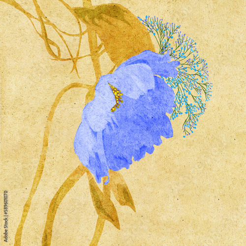 Ilustracja motyw kwiatowy kompozycja roślinna na jasnym tle.