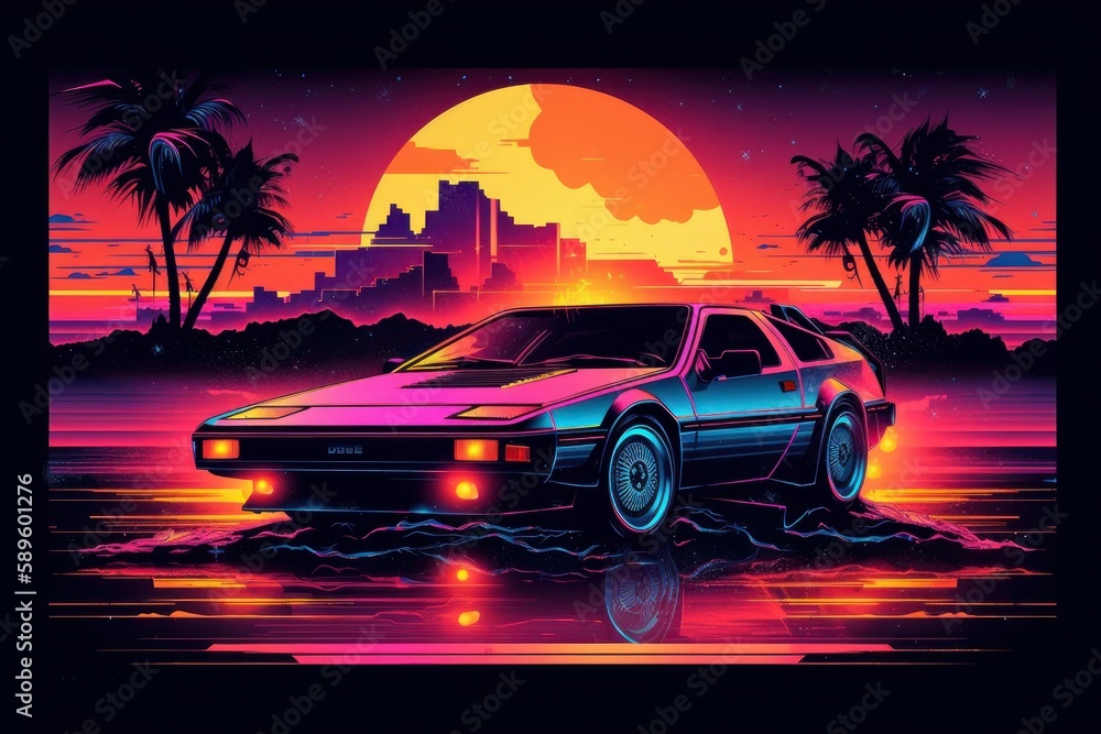 Car on the road at sunset. 3D rendering. Digital illustration in retro style, Generative Ai