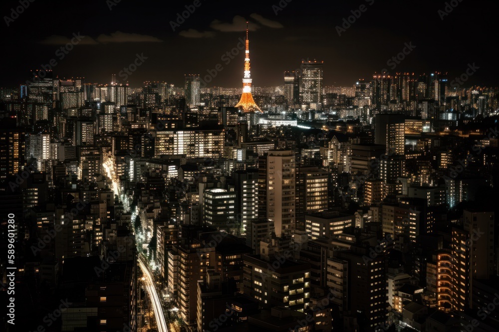 Fototapeta premium Tokyo Tower at night view, Beautiful Japan City with dark filter, Generative Ai