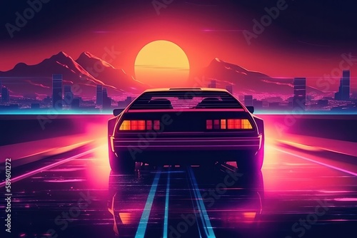 Car on the road at sunset, Digital illustration in retro style, Generative Ai