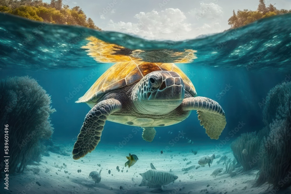 Hawaiian Green Sea Turtle swim in the blue ocean underwater, Generative ...