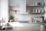 New modern kitchen interior | White and grey kitchen corner with bar | contemporary style kitchen | Scandinavian classic kitchen with wooden,minimalistic interior design kitchen, Generative AI