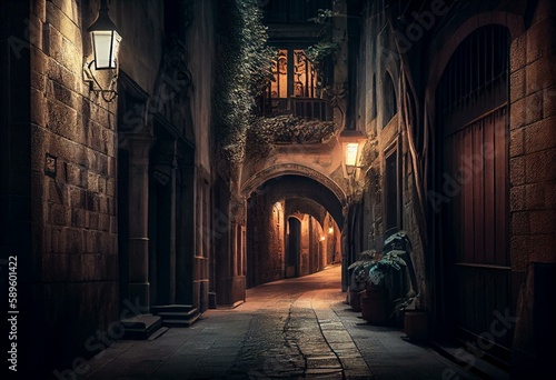 ancient night street in gothic quarter of barcelona, illustrati. Generative AI