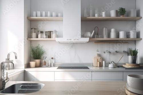 New modern kitchen interior | White and grey kitchen corner with bar | contemporary style kitchen | Scandinavian classic kitchen with wooden,minimalistic interior design kitchen, Generative AI