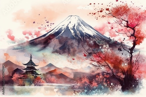 Watercolour illustration of Mountain. Fuji in autumn with a swan  Ink Painting Style. Generative Ai