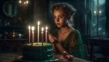 A young girl celebrates her birthday with a cake with candles, a fabulous children's atmosphere of a cozy home holiday with inflatable balloons. Created with AI.