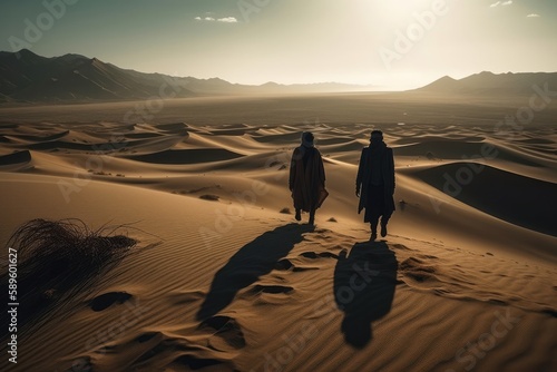 Silhouette of two women walking in the middle of the desert, Generative Ai