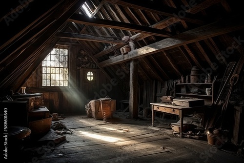 Interior of an old wooden house with a lot of tools., Generative Ai