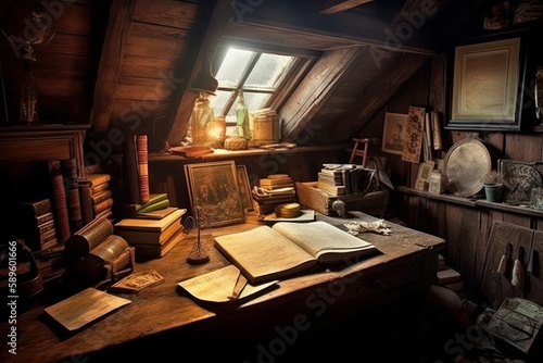 Old wooden desk with books and a lamp in a dark room., Generative Ai