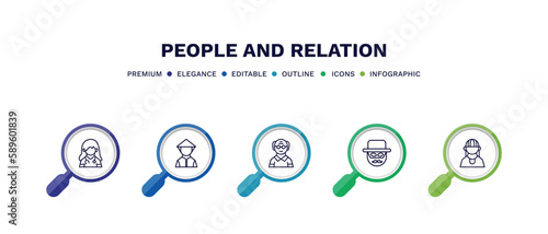 set of people and relation thin line icons. people and relation outline icons with infographic template. linear icons such as female doctor, vietnamese, old man, zorro, amazonian vector.