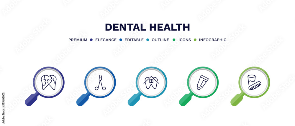 set of dental health thin line icons. dental health outline icons with infographic template. linear icons such as dental plaque, dentist scissors, house, toothpaste tube, denture vector. set of dental health thin line icons. dental health outline icons with infographic template. linear icons such as dental plaque, dentist scissors, house, toothpaste tube, denture vector.