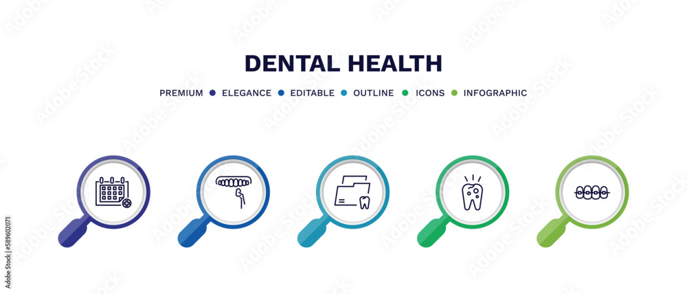set of dental health thin line icons. dental health outline icons with infographic template. linear icons such as medical appointment, dental veneer, folder, decay, brackets vector. set of dental health thin line icons. dental health outline icons with infographic template. linear icons such as medical appointment, dental veneer, folder, decay, brackets vector.