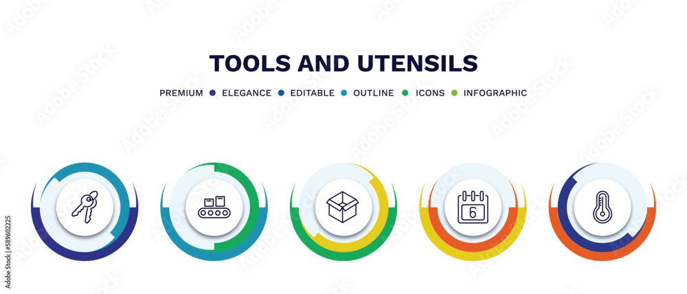 set of tools and utensils thin line icons. tools and utensils outline icons with infographic template. linear icons such as key ring with two keys, packing hine, open black box, calendar with six set of tools and utensils thin line icons. tools and utensils outline icons with infographic template. linear icons such as key ring with two keys, packing hine, open black box, calendar with six