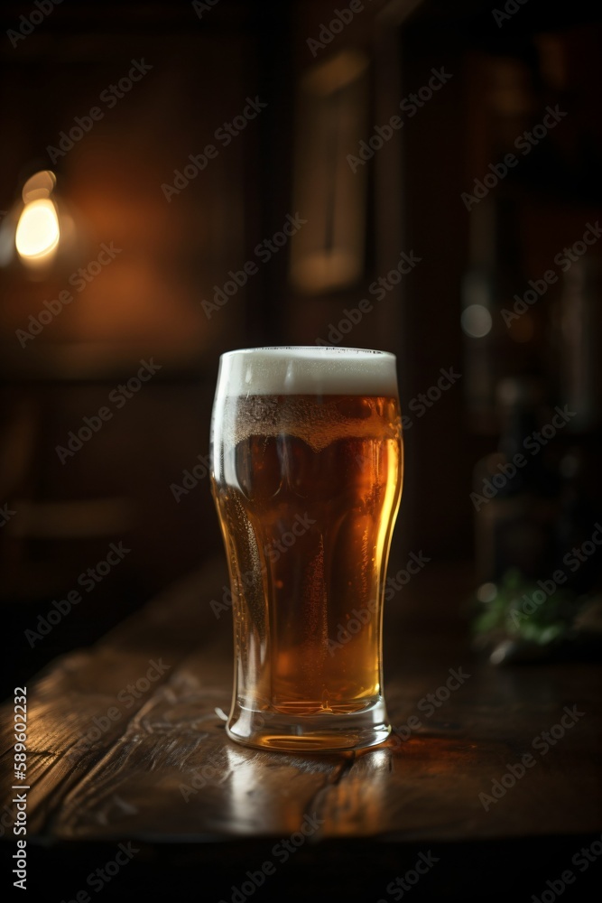 Pinte de bière avec de la mousse, verre sur un comptoir en bois dans un pub ou dans un bar, illustration ia générative 3