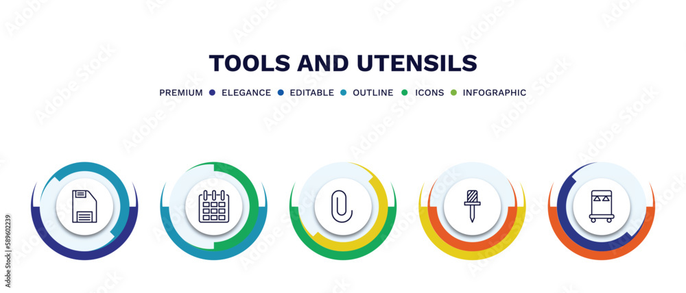 set of tools and utensils thin line icons. tools and utensils outline icons with infographic template. linear icons such as face down floppy disk, calendar page, attachments, auger, clothes rack