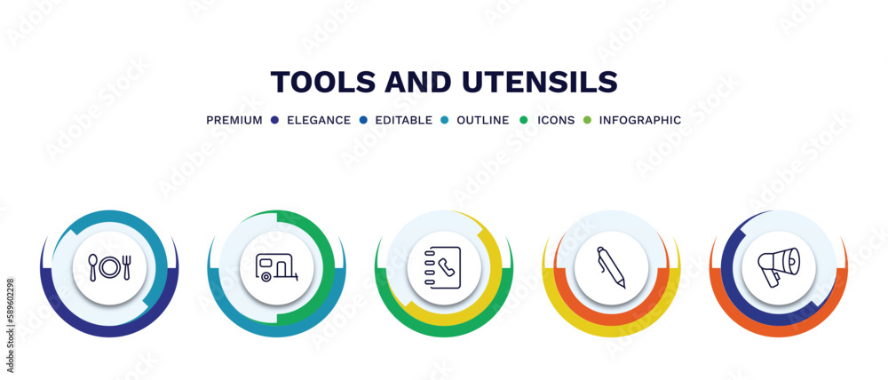 set of tools and utensils thin line icons. tools and utensils outline icons with infographic template. linear icons such as dining, house on wheels, telephone agenda, ink pen, megaphone side view set of tools and utensils thin line icons. tools and utensils outline icons with infographic template. linear icons such as dining, house on wheels, telephone agenda, ink pen, megaphone side view