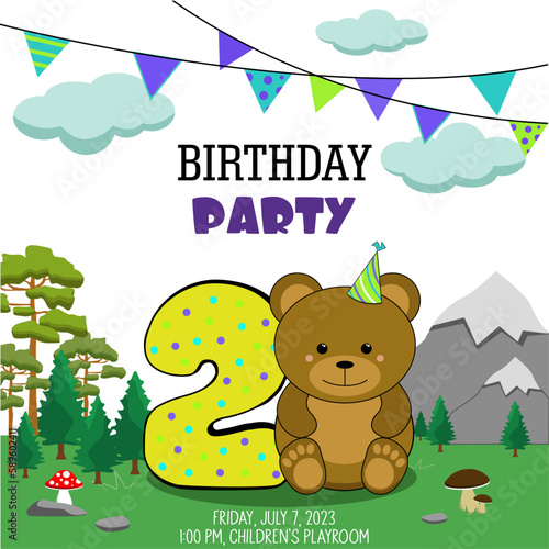 Birthday invitation with a little lion cub. Two year.