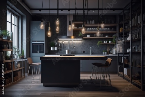 New modern kitchen interior | White and grey kitchen corner with bar | contemporary style kitchen | Scandinavian classic kitchen with wooden,minimalistic interior design kitchen, Generative AI