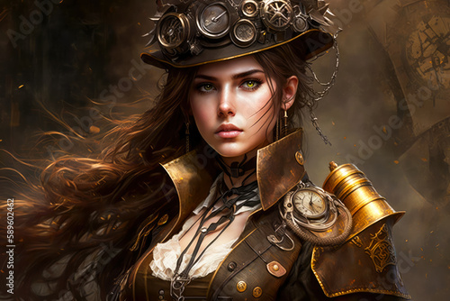 Portrait of a beautiful steampunk style girl. Created with Generative AI, no one recognisable. Not a real person.