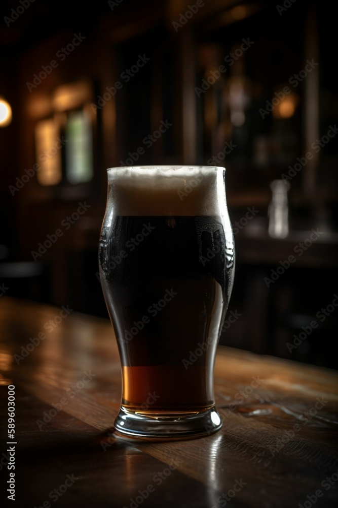 Pinte de bière avec de la mousse, verre sur un comptoir en bois dans un pub ou dans un bar, illustration ia générative 15 Pinte de bière avec de la mousse, verre sur un comptoir en bois dans un pub ou dans un bar, illustration ia générative 15