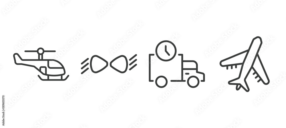 set of transportation thin line icons. transportation outline icons included small helicopter, car lights, shipping and delivery, air transport vector.