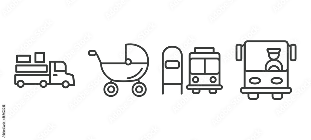 set of transportation thin line icons. transportation outline icons included loaded truck side view, baby trolley, scholar bus stop, bus front with driver vector. set of transportation thin line icons. transportation outline icons included loaded truck side view, baby trolley, scholar bus stop, bus front with driver vector.