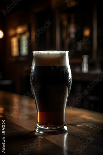 Pinte de bière avec de la mousse, verre sur un comptoir en bois dans un pub ou dans un bar, illustration ia générative 15