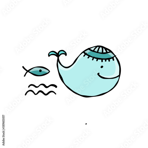 Funny wild whale character. Childish style icon, turquoise colors. Isolated o...