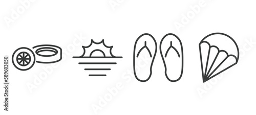 set of travel and trip thin line icons. travel and trip outline icons included rubber, sun, flip flop, parasailing vector.
