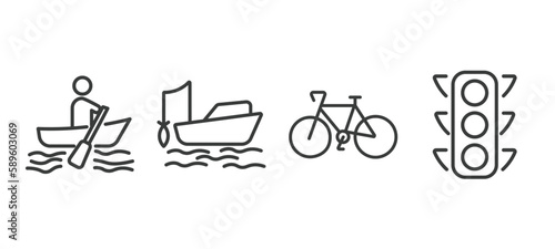 set of transportation thin line icons. transportation outline icons included boating, fishing boat, bikes, car traffic vector.